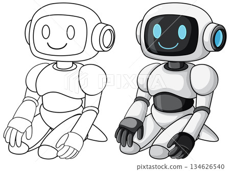 Friendly Cartoon Robot Sitting with Outline and Color Versions Friendly Cartoon Robot Sitting with Outline and Color Versions 134626540