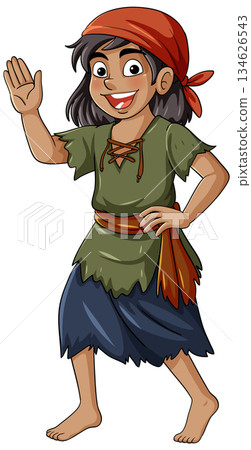 Smiling Young Bandit Waving in Tattered Clothes Illustration 134626543