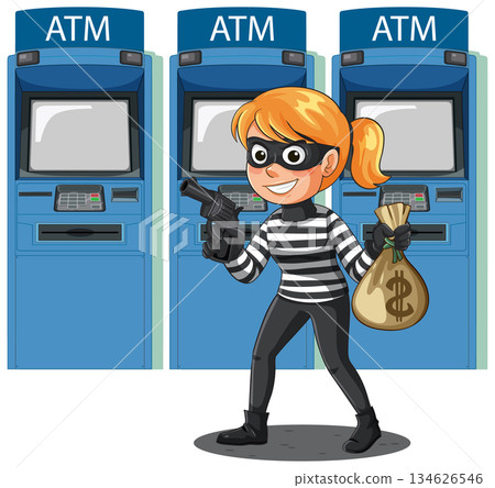 Cartoon Thief Robbing ATM Machines With Money Bag Cartoon Thief Robbing ATM Machines With Money Bag 134626546