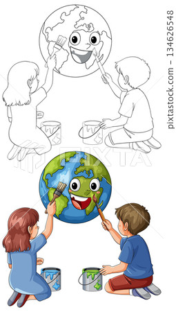 Children Painting Happy Earth Cartoon Illustration Set 134626548