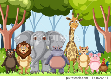 Group of Cartoon Animals Standing in Forest Clearing Group of Cartoon Animals Standing in Forest Clearing 134626551