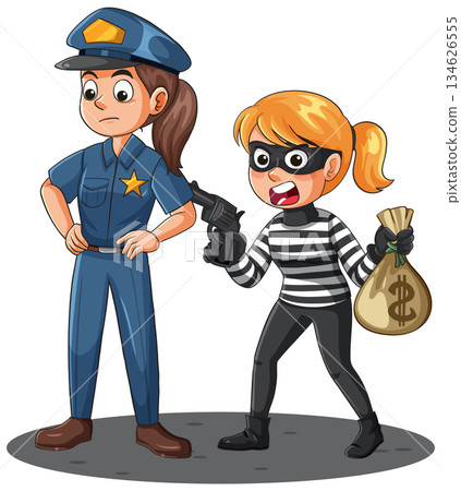 Female Police Officer Confronted by Armed Female Robber 134626555