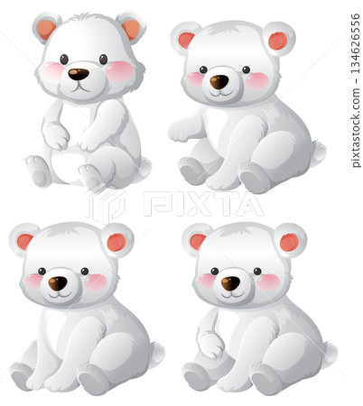 Cute Cartoon Polar Bear Cubs Sitting in Various Poses 134626556