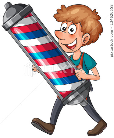 Cartoon Barber Carrying Large Classic Barber Pole 134626558