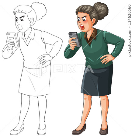 Angry Businesswoman Yelling at Smartphone Cartoon Illustration Angry Businesswoman Yelling at Smartphone Cartoon Illustration 134626560