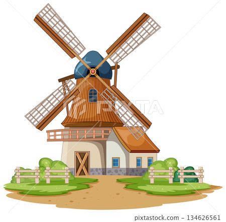 Traditional Windmill with Wooden Blades in Countryside Setting Traditional Windmill with Wooden Blades in Countryside Setting 134626561