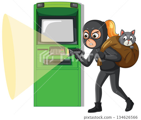 Burglar in Black Suit Sneaking Near ATM With Cat 134626566