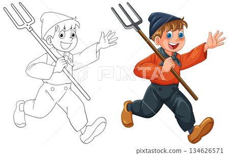 Cheerful Dutch Boy Running With Pitchfork Vector Illustration 134626571