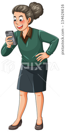 Smiling Businesswoman Standing and Reading Message on Smartphone 134626616