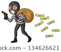 Cartoon Burglar Running With Money Bag and Gun 134626621