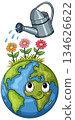 Cute Earth Planet Watered with Flowers and Watering Can 134626622