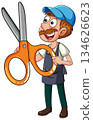Cartoon Barber Holding Oversized Orange Scissors 134626623