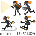 Cartoon Female Burglar in Action with Loot and Disguises 134626629