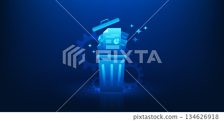 Digital Data Delete Technology Background, Trash Bin with Error Document Files, Data Loss and System Failure, Corrupted Files Cleanup, Cyber System Error, Information Management, Storage Problem 134626918