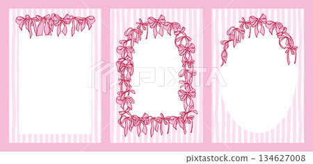 Collection of Girly Coquette style cards. Hand-drawn Vintage templates with garland of bows, on striped background. Romantic decoration for greeting card, invitation, wedding, Valentines day. 134627008