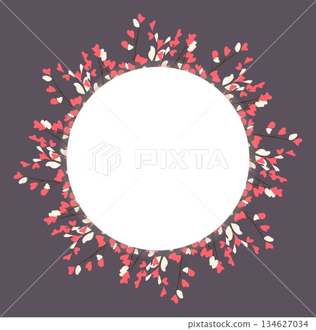 Round floral frame with heart leaves branches 134627034