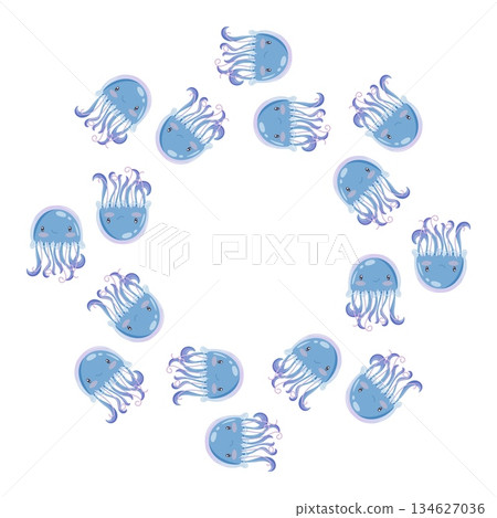 Round Sea Frame with Blue Jellyfish in Two Rows 134627036