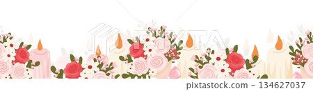 Floral candle border with roses and daisies 134627037