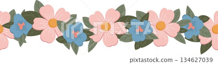 Seamless floral border with pastel flowers and leaves 134627039