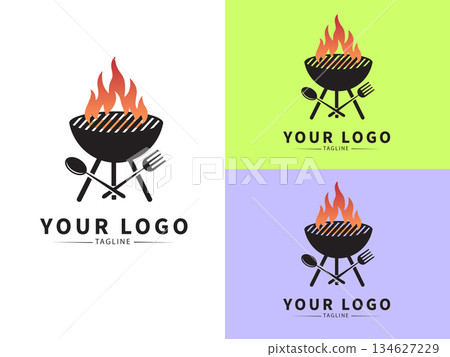Grill Logo Design: A versatile and minimalist logo design featuring a black silhouette of a grill with flames, a spoon and fork. The design is suitable for various applications. Grill Logo Design: A versatile and minimalist logo design featuring a black silhouette of a grill with flames, a spoon and fork. The design is suitable for various applications. 134627229