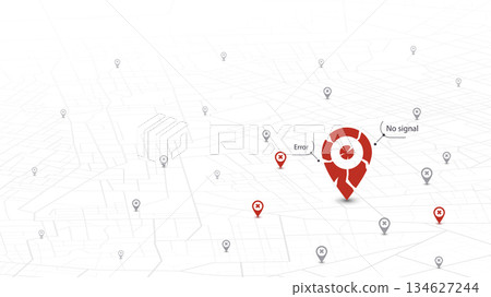 Error with maps navigation with red color point markers. Navigation system broke. Vector illustration on white background 134627244