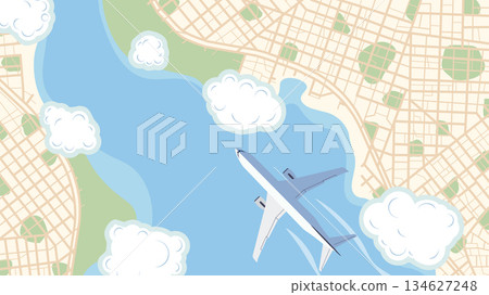Around the world. Panoramic scenery top view with flight airplane Plane flying over cityscape, natural landscape surrounded by clouds. Vector flat illustration Around the world. Panoramic scenery top view with flight airplane Plane flying over cityscape, natural landscape surrounded by clouds. Vector flat illustration 134627248