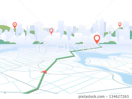 Route on the map to pin. City street map with various points of interest. GPS tracking system to navigate and find way around the city landmarks, directions to different locations. Vector illustration 134627263