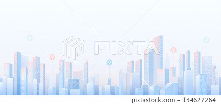 City panorama with series of modern, tall skyscrapers. Abstract horizontal background cityscape with POIs top on it. Buildings of business district. Vector illustration 134627264