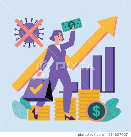 Business Success and Financial Growth Concept with Female Entrepreneur. COVID Recovery and Market Expansion Vector Illustration 134627607