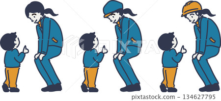 Female worker in blue uniform explaining to children Female worker in blue uniform explaining to children 134627795