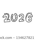 A Year of the Horse illustration for 2026, featuring a horse's face and horseshoe 134627821