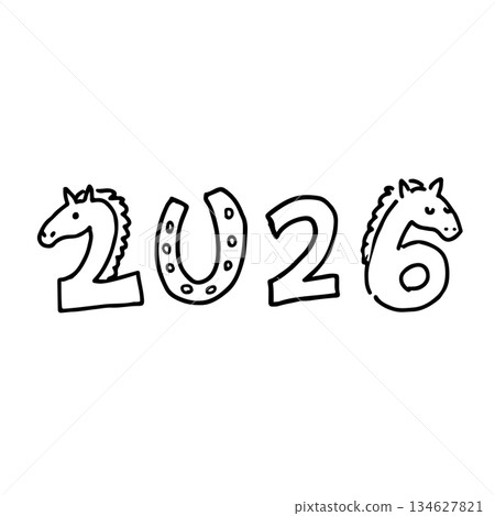 2026年馬年插畫,圖案為馬臉與馬蹄鐵 2026年馬年插畫,圖案為馬臉與馬蹄鐵 134627821