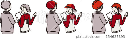 Female worker in red uniform explaining to visitors Female worker in red uniform explaining to visitors 134627893