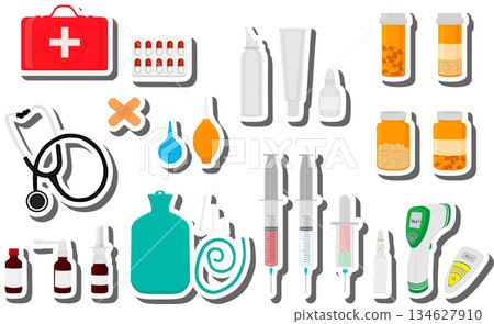 Big colored set different types of syrup in vial 134627910