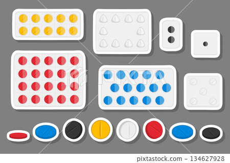 Illustration on theme big colored set different types of pills inside close blister Illustration on theme big colored set different types of pills inside close blister 134627928