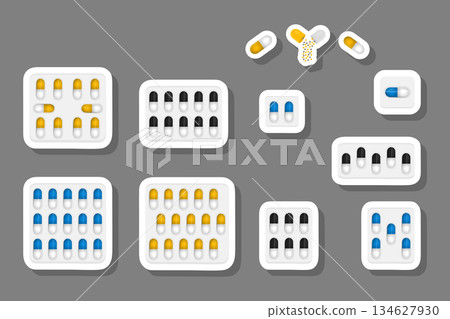 Illustration on theme big colored set different types of pills inside close blister Illustration on theme big colored set different types of pills inside close blister 134627930