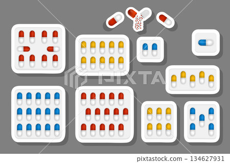 Illustration on theme big colored set different types of pills inside close blister 134627931