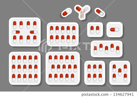 big colored set different types of pills inside close blister big colored set different types of pills inside close blister 134627941