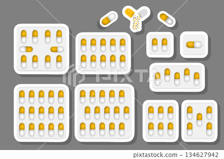 big colored set different types of pills inside close blister big colored set different types of pills inside close blister 134627942