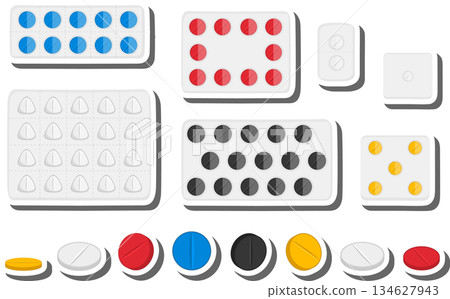 Big colored set different types of pills inside close blister 134627943