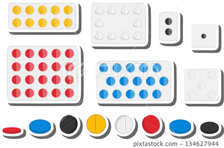 Big colored set different types of pills inside close blister Big colored set different types of pills inside close blister 134627944
