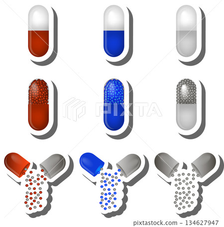 Big colored set different types of pills inside close blister 134627947
