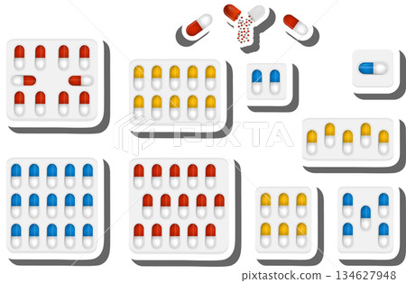 Big colored set different types of pills inside close blister Big colored set different types of pills inside close blister 134627948