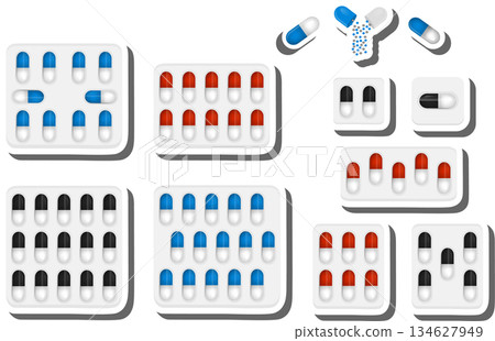 Big colored set different types of pills inside close blister 134627949