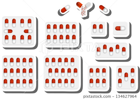 Big colored set different types of pills inside close blister 134627964