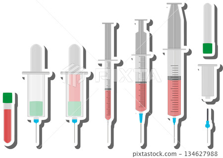 Big colored set different types of syringes, needles for hospital Big colored set different types of syringes, needles for hospital 134627988