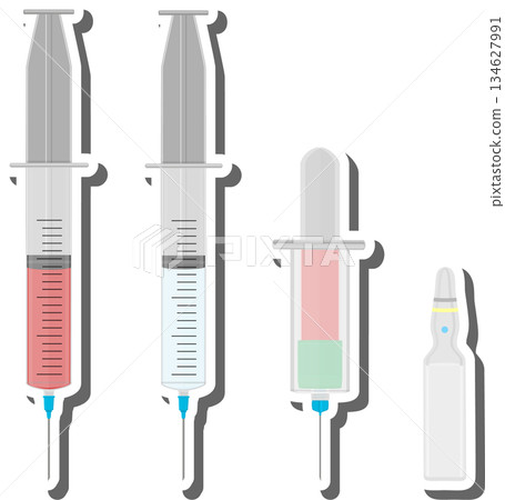 Big colored set different types of syringes, needles for hospital Big colored set different types of syringes, needles for hospital 134627991