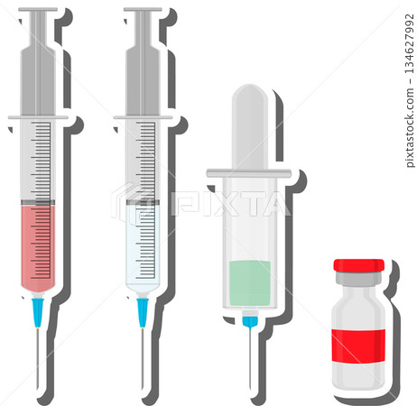 Big colored set different types of syringes, needles for hospital Big colored set different types of syringes, needles for hospital 134627992