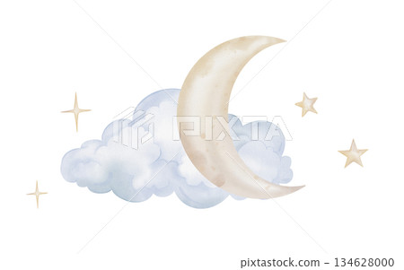 Composition with hand drawn watercolor illustration of the yellow beige moon with stars and blue clouds for nursery wall art in light pastel color. Sky for dreamy atmosphere for kids design. 134628000