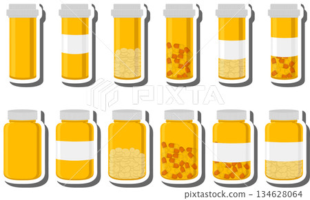 Big colored set different types of pills inside close jar 134628064